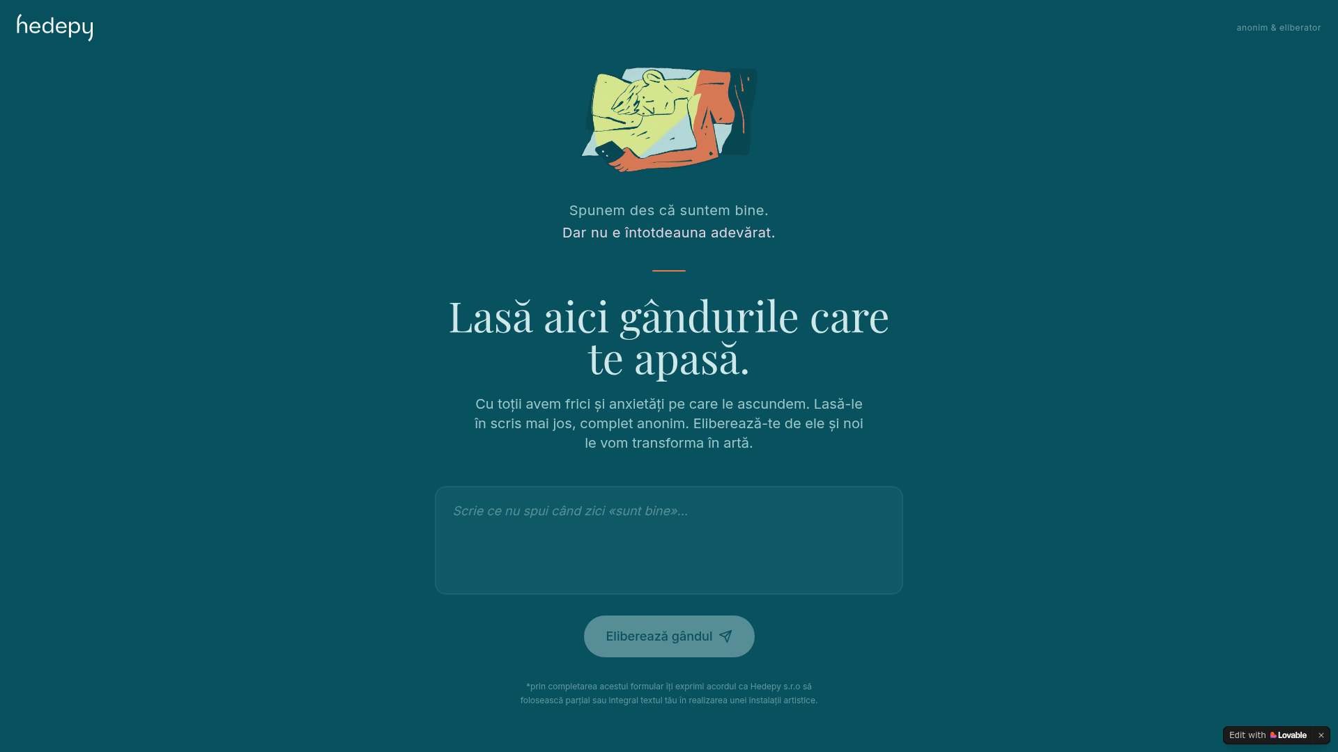 Landing page Hedepy — Lasă aici gândurile care te apasă